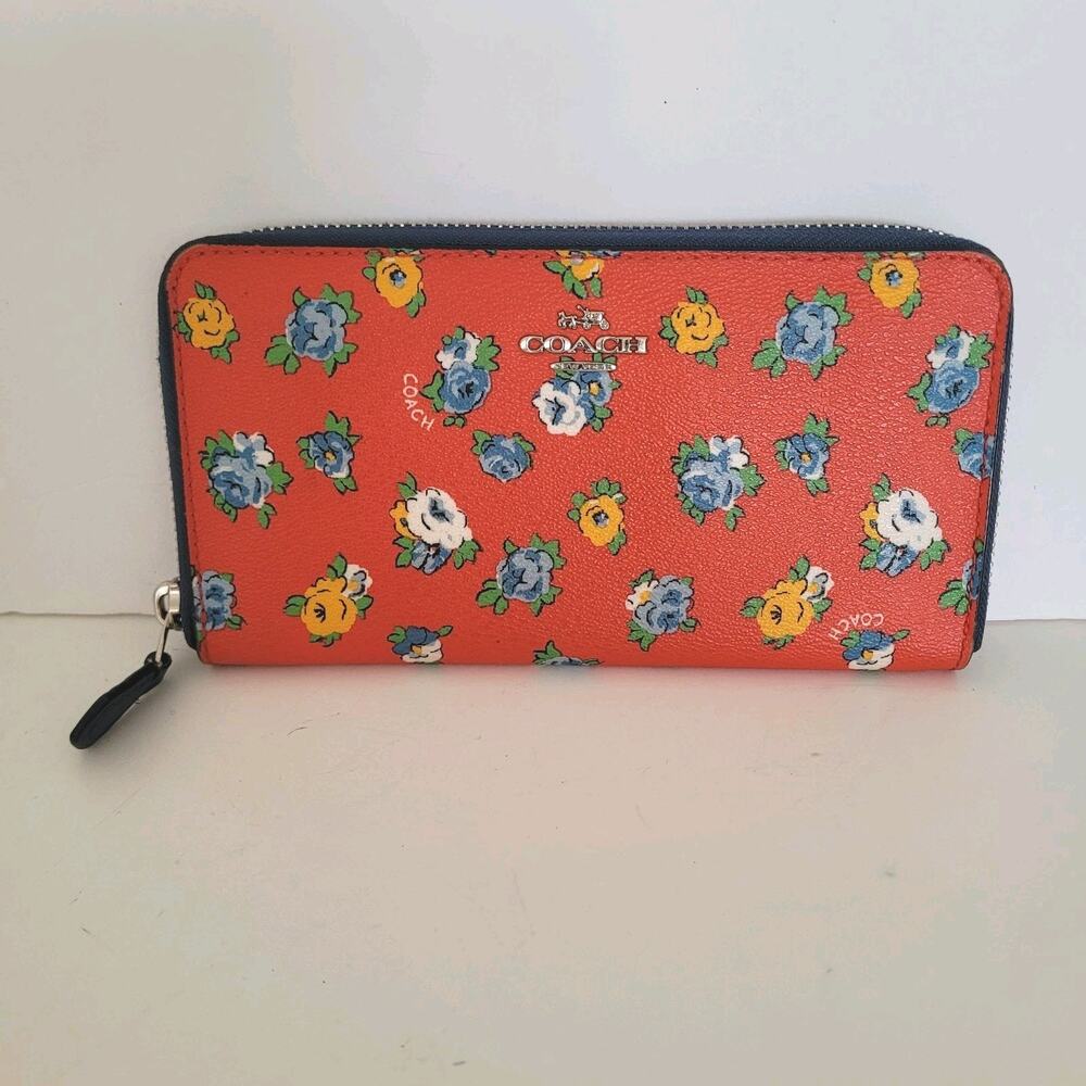 Coach Accordion Zip Wallet Tea Rose Floral Print Coated Canvas Blue Red F57649